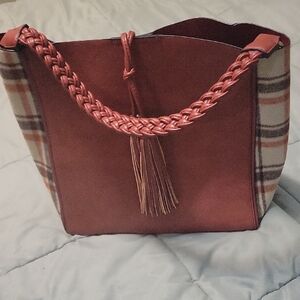Rust Tote Bag With Plaid Sides Women's